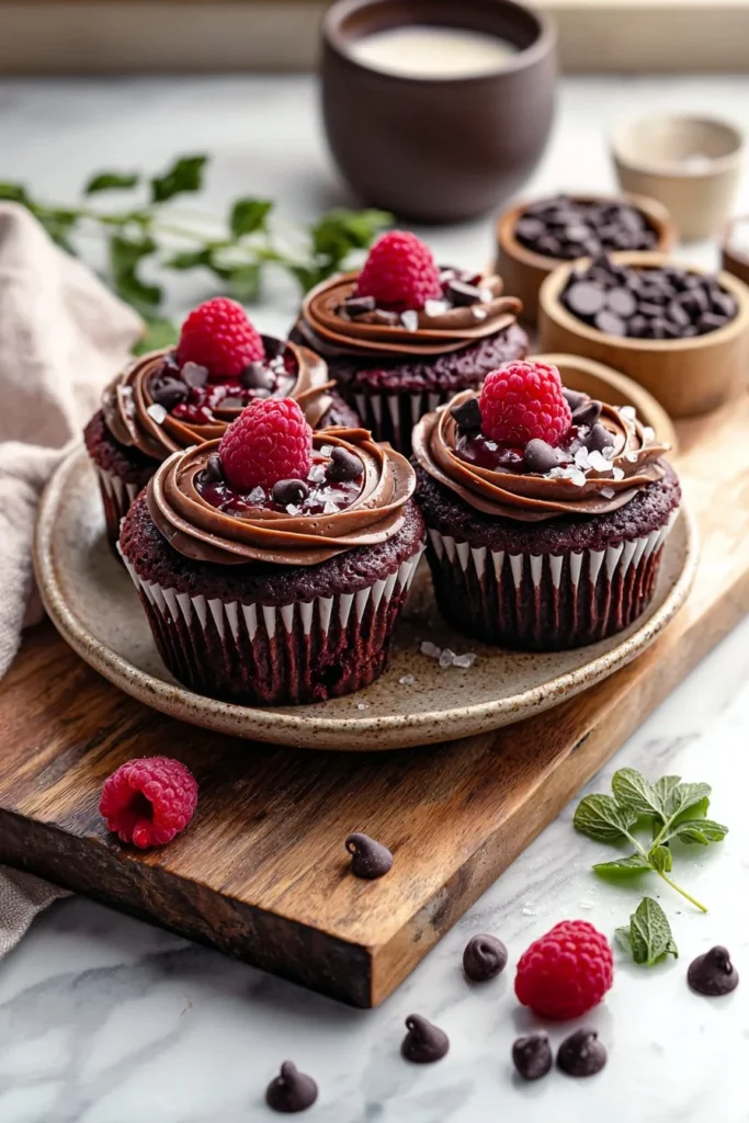 Delicious double chocolate raspberry cupcakes with rich frosting