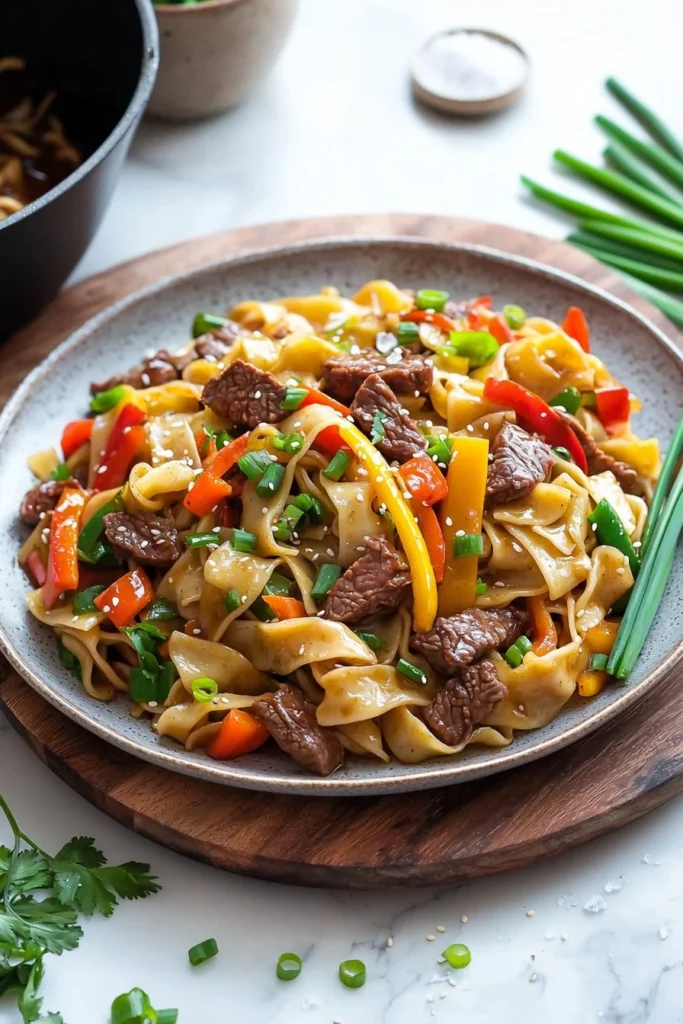 Delicious Easy Beef Chow Mein dish served with colorful vegetables.