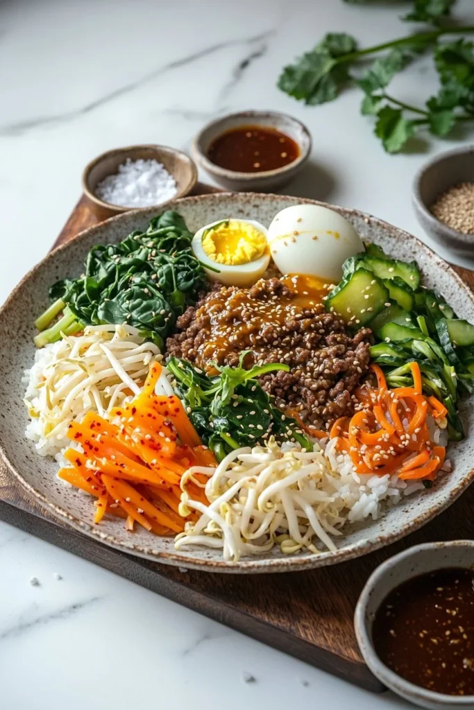 Easy bibimbap recipe with ground beef, veggies, and rice