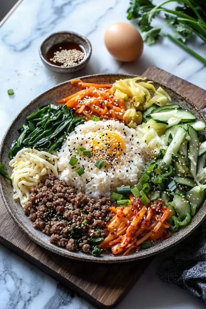 Bowl of easy bibimbap with ground beef and colorful vegetables