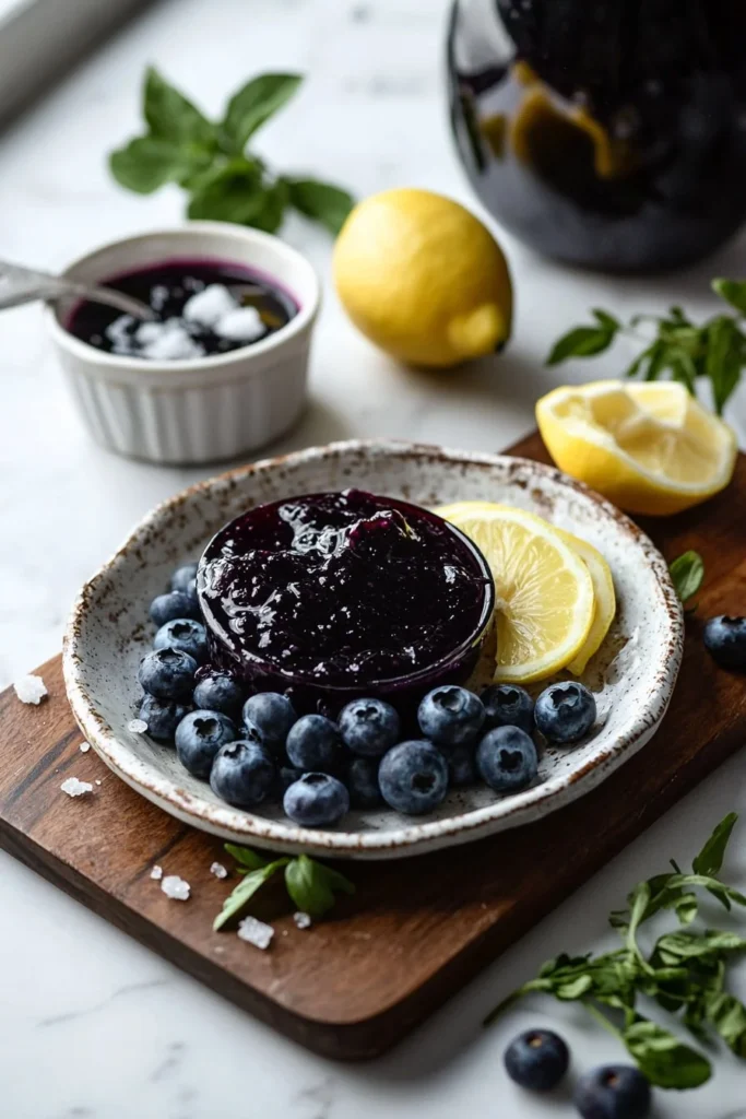 Homemade blueberry lemon jam in a jar with fresh blueberries and lemons