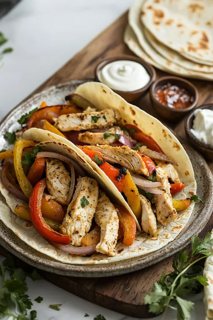 Easy chicken fajitas with colorful vegetables served in tortillas