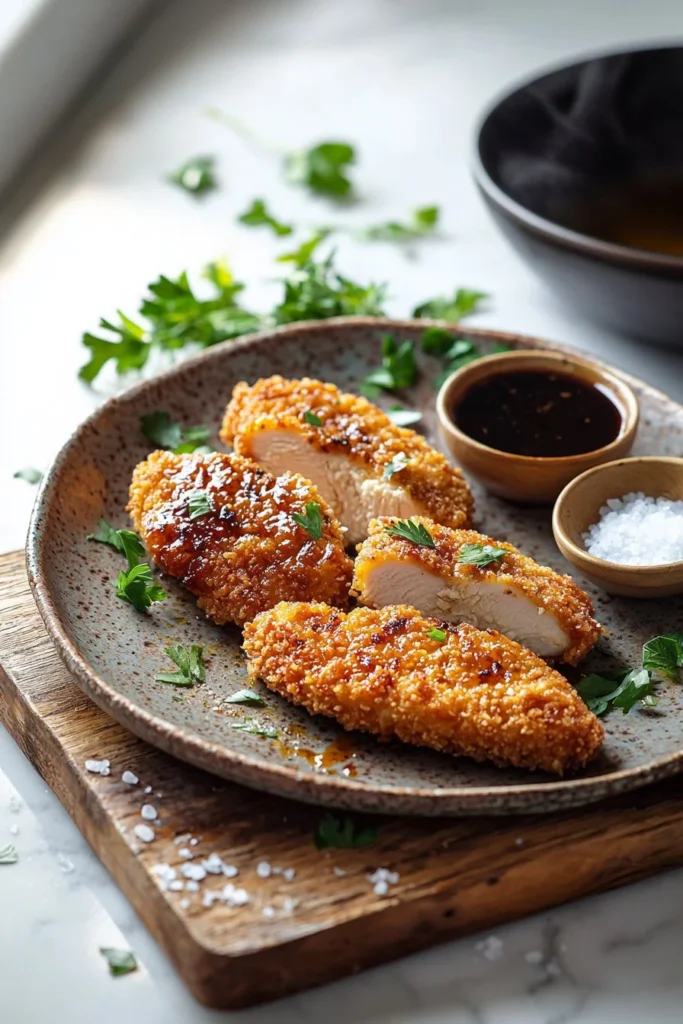 Crispy easy chicken katsu served with dipping sauce and salad