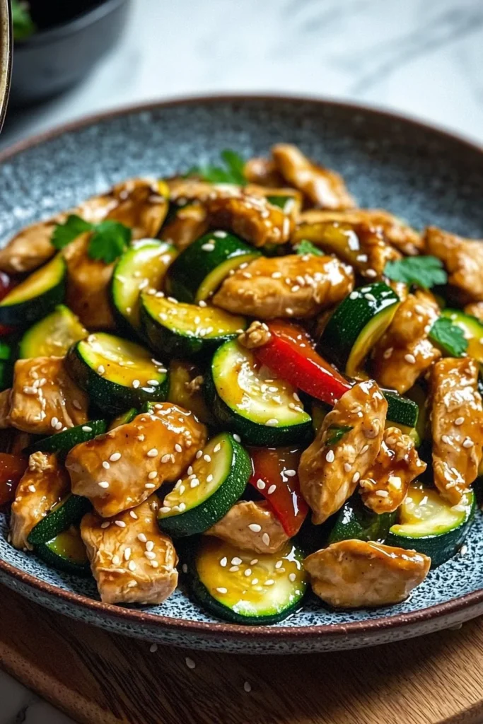 Delicious easy chicken zucchini stir fry with colorful vegetables in a bowl
