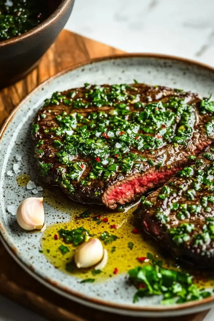 Delicious chimichurri steak garnished with fresh herbs and served on a plate.