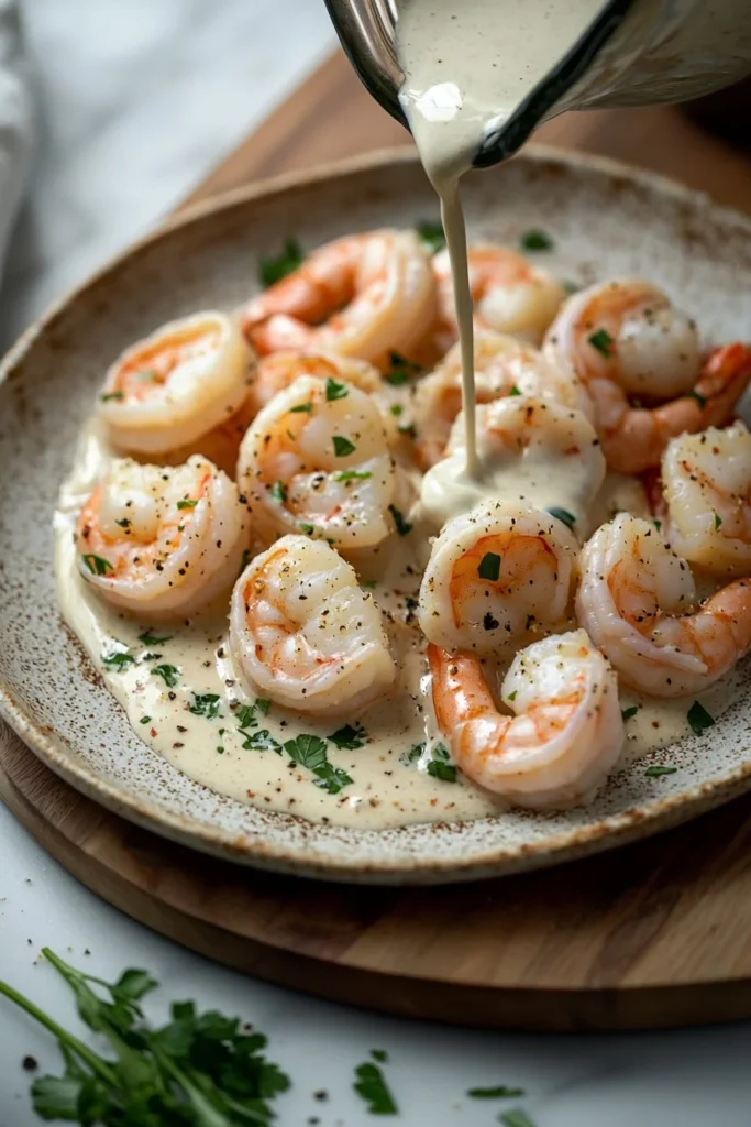 A delicious plate of easy creamy garlic shrimp topped with herbs.