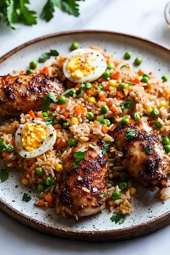 Delicious bowl of easy egg fried rice with veggies and egg.