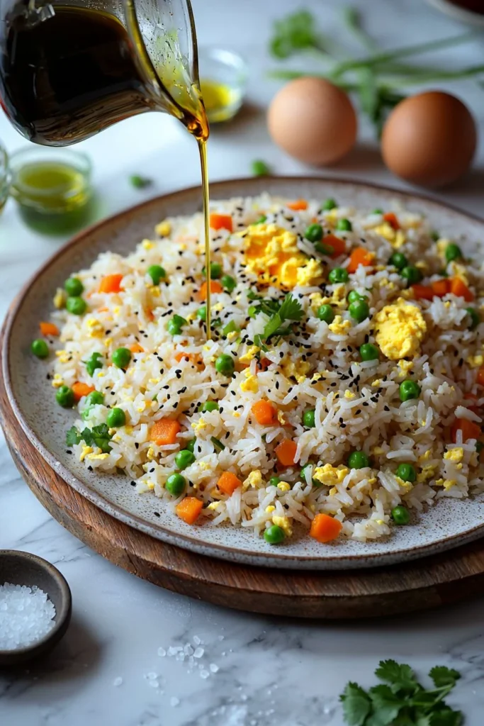 Plate of easy egg fried rice topped with green onions and scrambled eggs