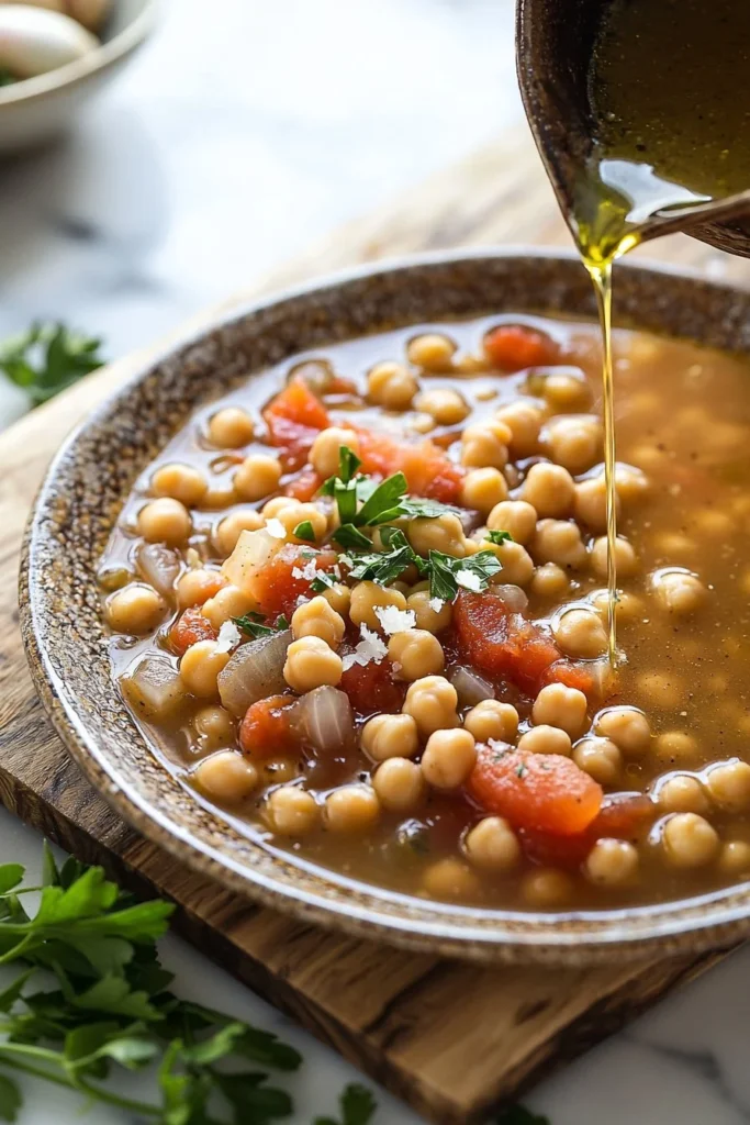 Bowl of easy garbanzo bean soup garnished with fresh herbs