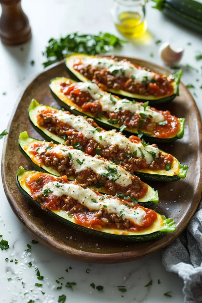 Easy ground beef zucchini boats recipe with toppings in a baking dish.