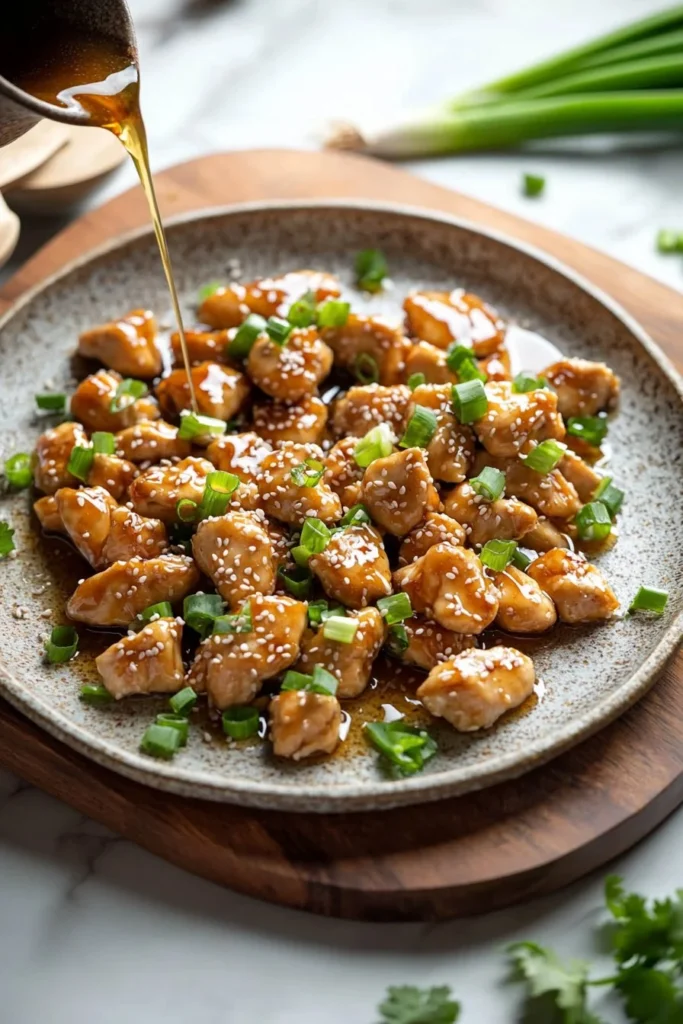 Delicious honey sesame chicken dish served with vegetables and rice.