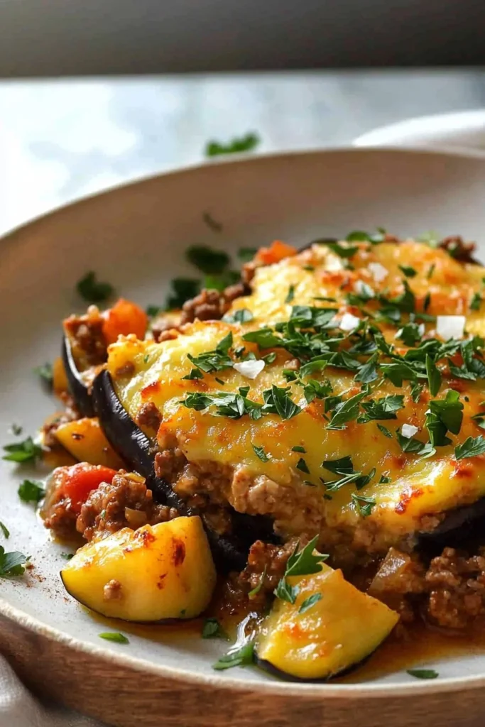 Easy Lazy Moussaka served in a baking dish topped with herbs