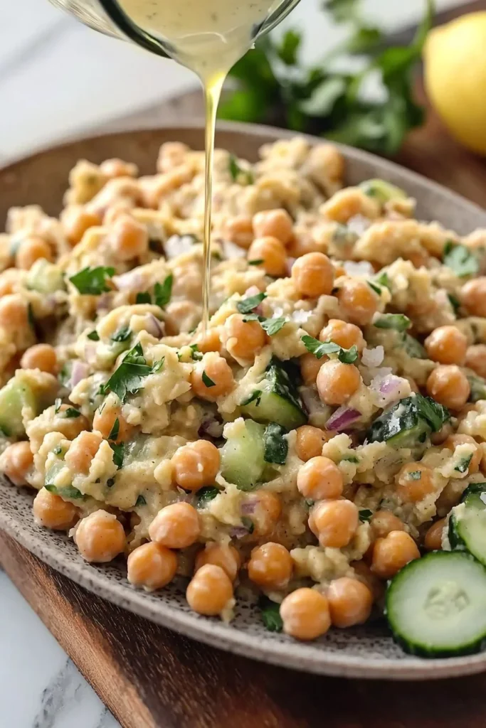 Bowl of easy mashed chickpea salad with vegetables and herbs