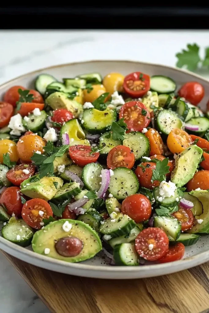 Easy Mediterranean avocado salad with fresh veggies and herbs in a bowl