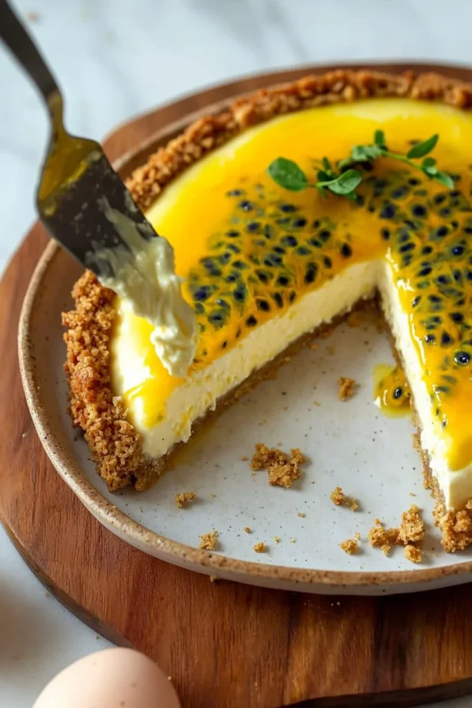 Slice of easy passion fruit cheesecake topped with fresh fruit.