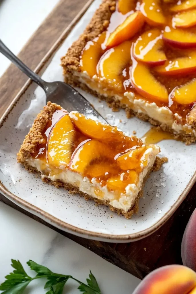 Delicious easy peach cheesecake bars topped with fresh peaches.