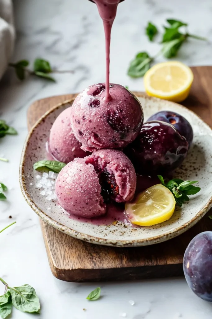 Delicious and easy homemade plum sorbet served in a bowl
