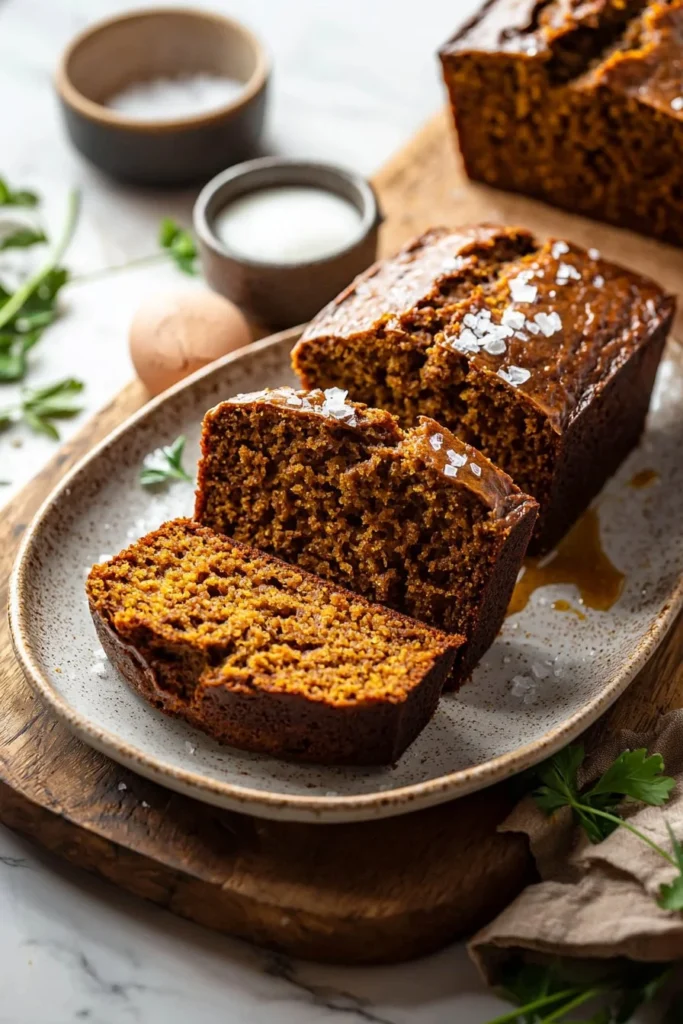 Slice of easy pumpkin bread with spices on a plate