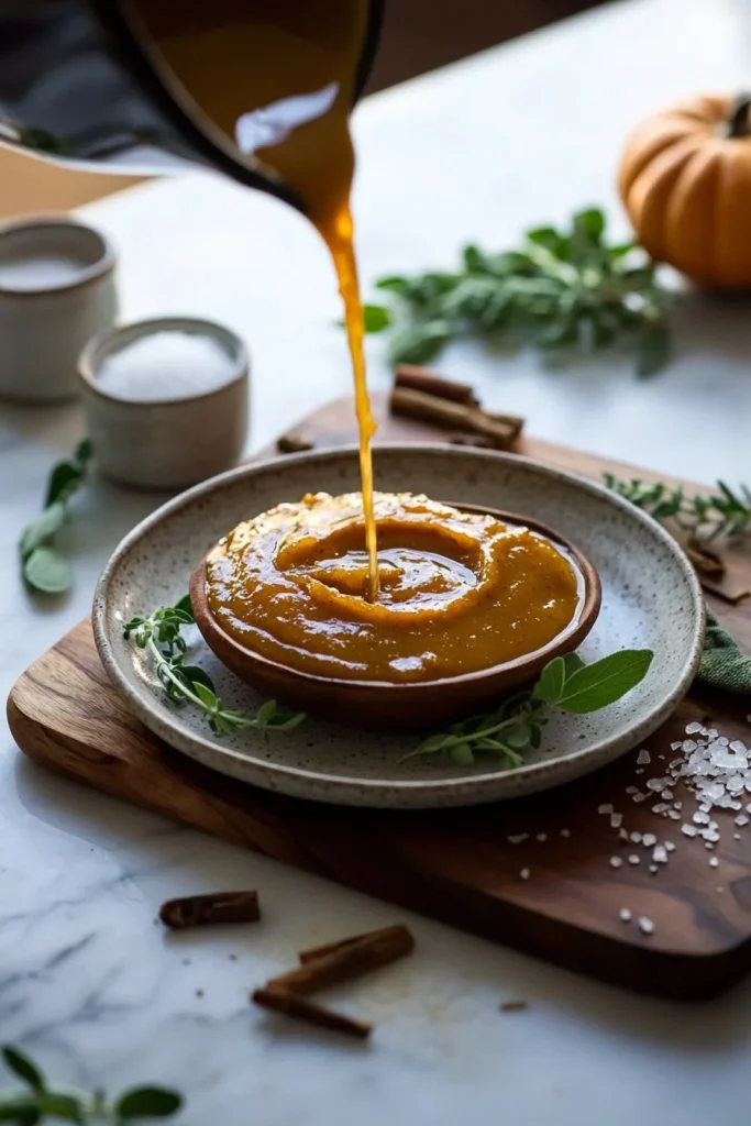 Homemade easy pumpkin butter in a jar with spices and pumpkin on a wooden table.