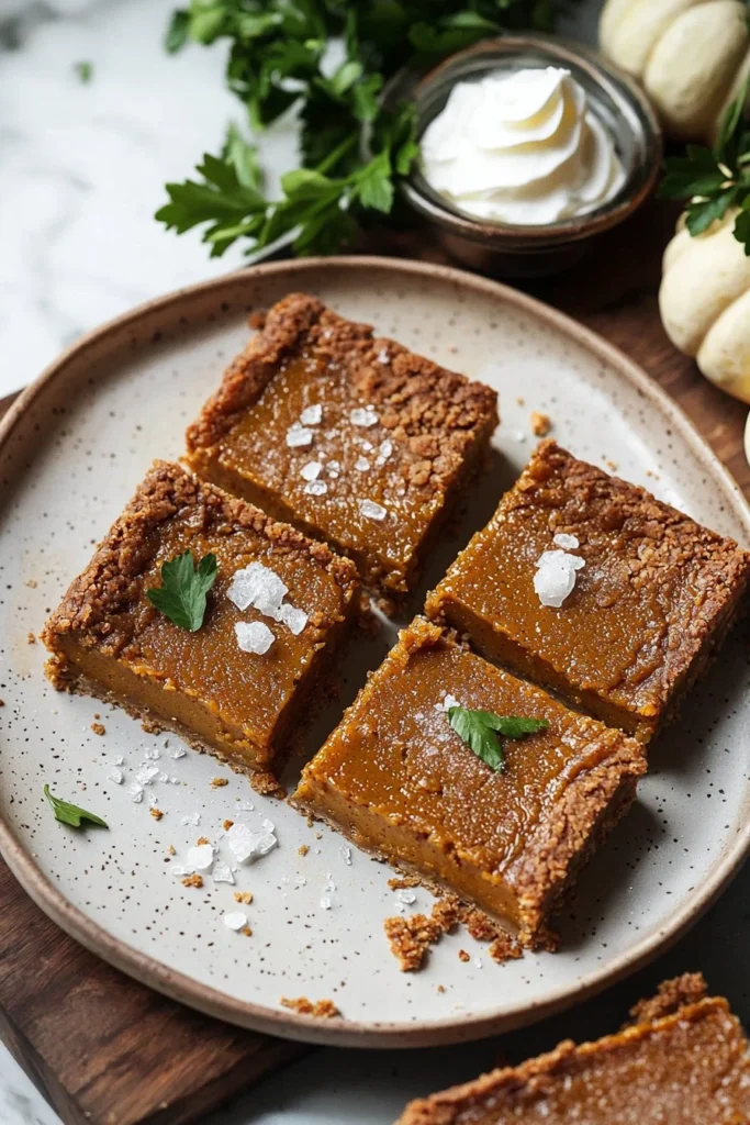 Delicious easy pumpkin pie bars ready to serve with whipped cream