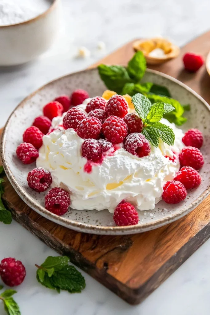 Delicious easy raspberry whipped dessert in a glass topped with fresh raspberries