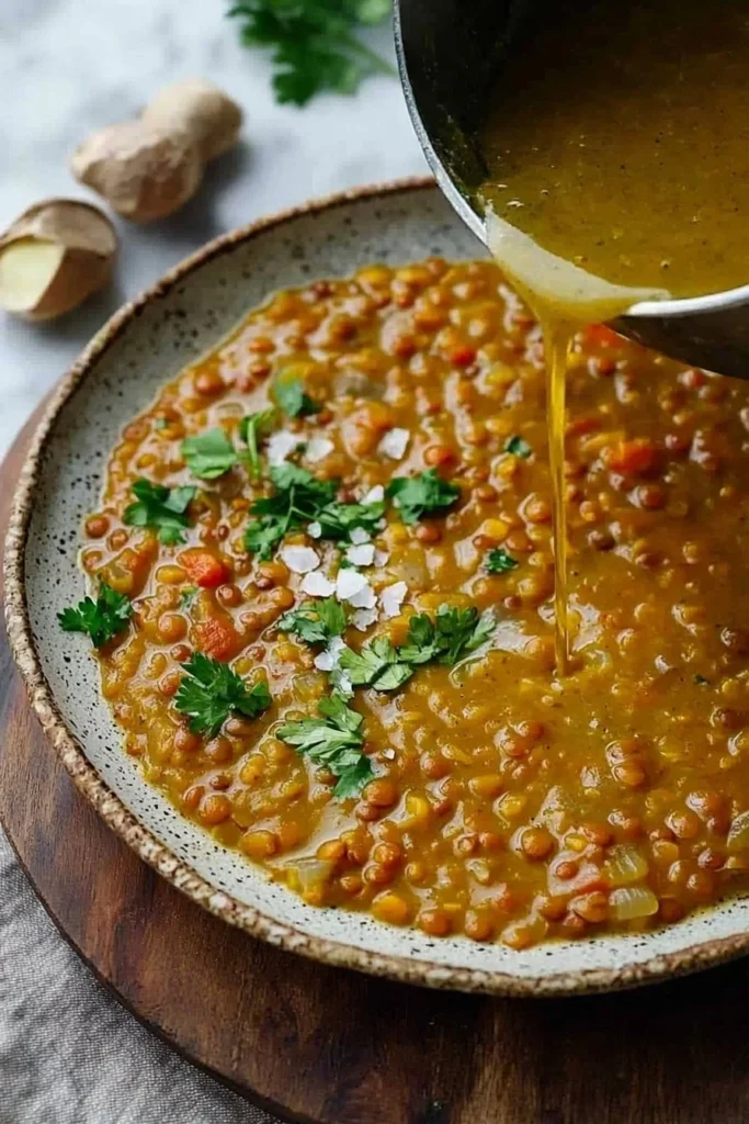 Bowl of easy red lentil dahl garnished with cilantro and spices