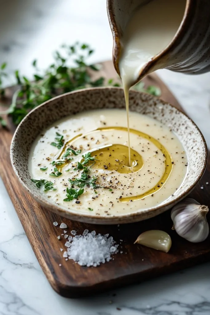 Bowl of easy roasted garlic soup garnished with herbs