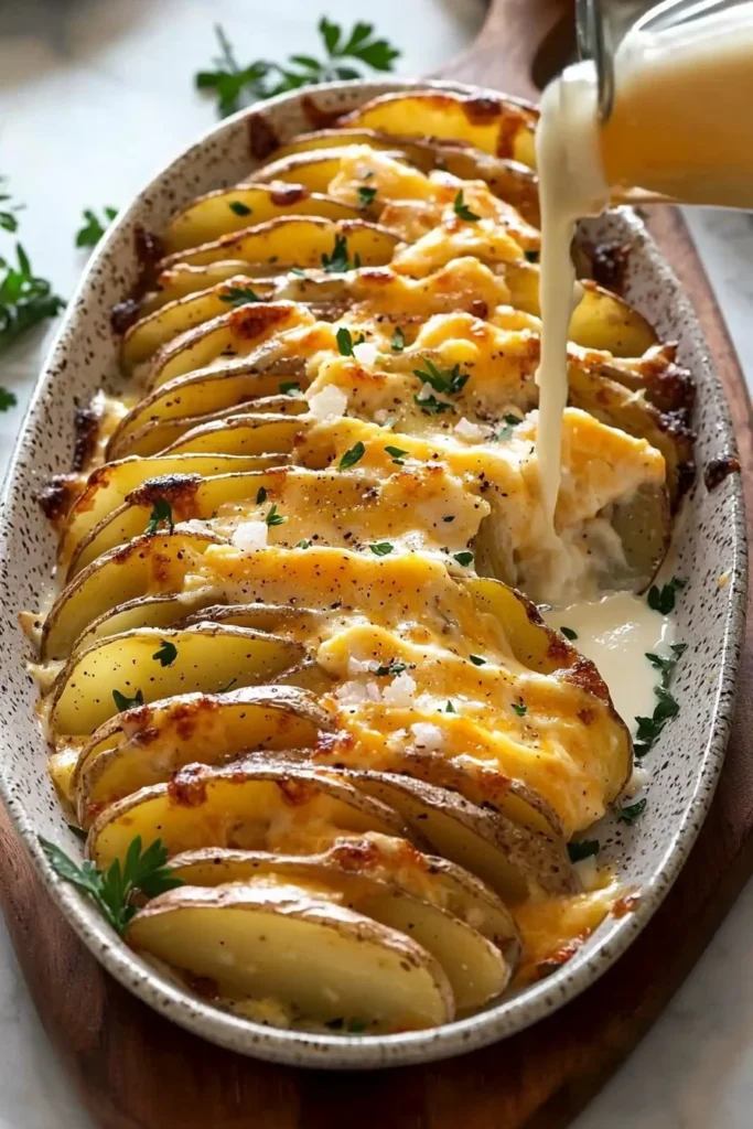 Creamy and cheesy easy scalloped potatoes in a baking dish