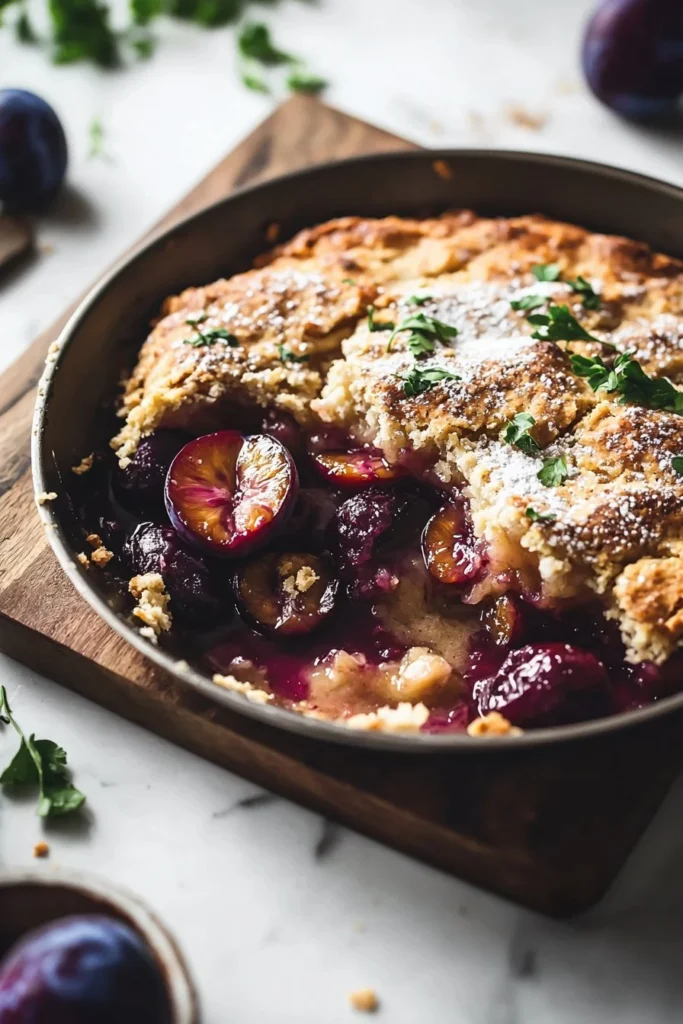 Easy Skillet Plum Cobbler in a cast iron skillet topped with fresh plums