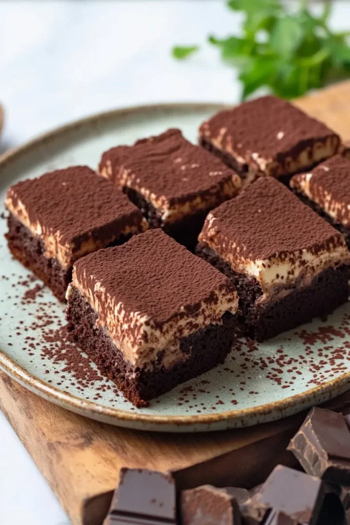 Delicious Easy Tiramisu Brownies topped with cocoa powder and coffee flavor