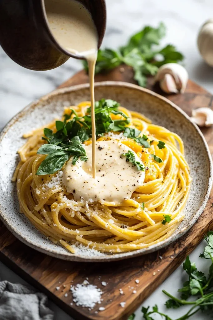 Bowl of easy vegan pumpkin pasta garnished with fresh herbs.