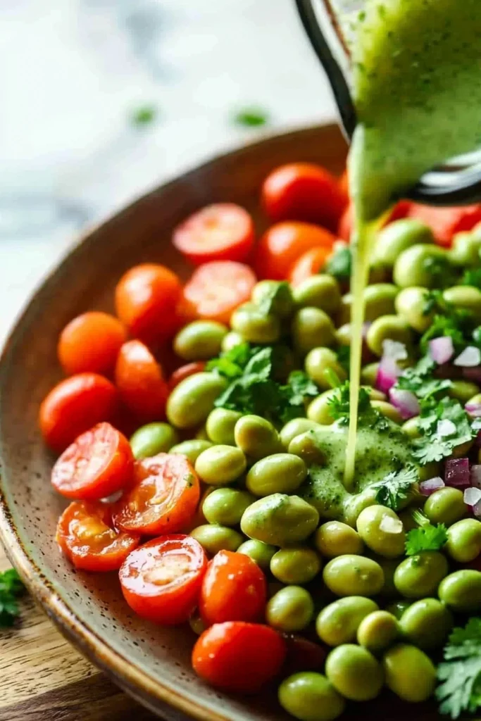 Edamame salad with cilantro lime dressing in a vibrant bowl
