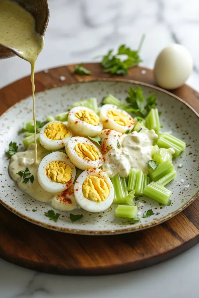 Egg salad with Greek yogurt served in a bowl with fresh herbs