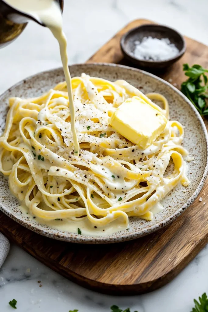 Delicious bowl of Fettuccine Alfredo with creamy sauce and parsley garnish