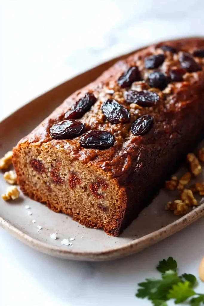 Freshly baked Fig and Date Nut Bread served on a wooden cutting board.