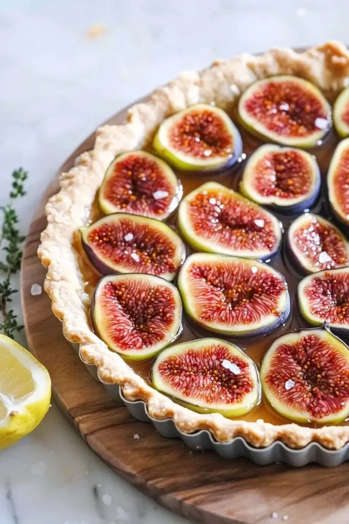 Delicious fig and honey tart topped with fresh figs and drizzled honey