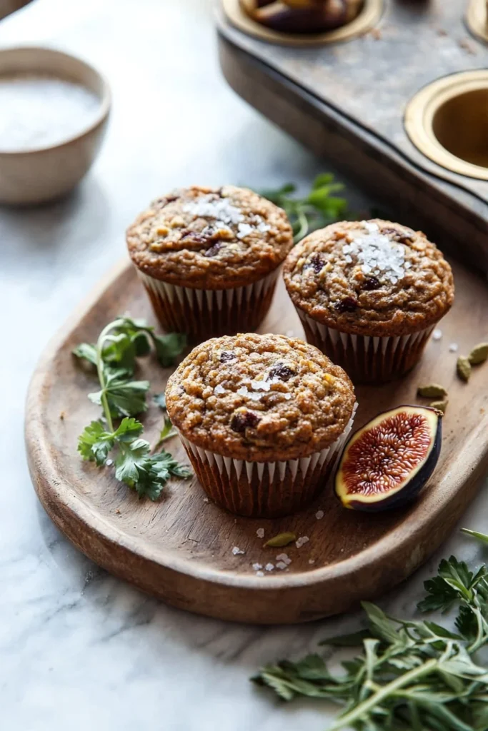 Delicious homemade Fig Chai Muffins served on a rustic wooden table.