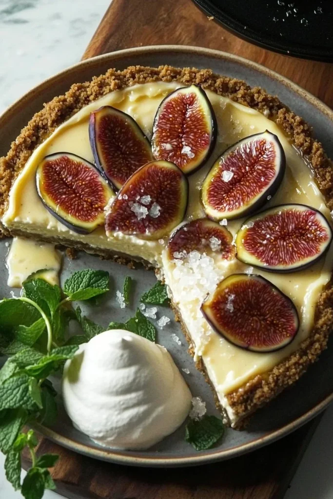 Delicious homemade Fig Cheesecake topped with fresh figs and cream.