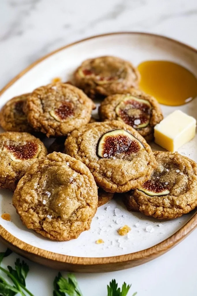 Delicious fig cookies topped with brown sugar and honey, a sweet treat.