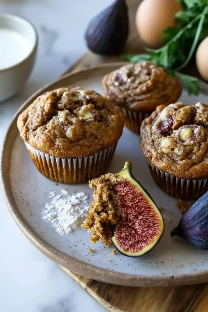 Freshly baked Figgy Chai Muffins topped with spices and figs