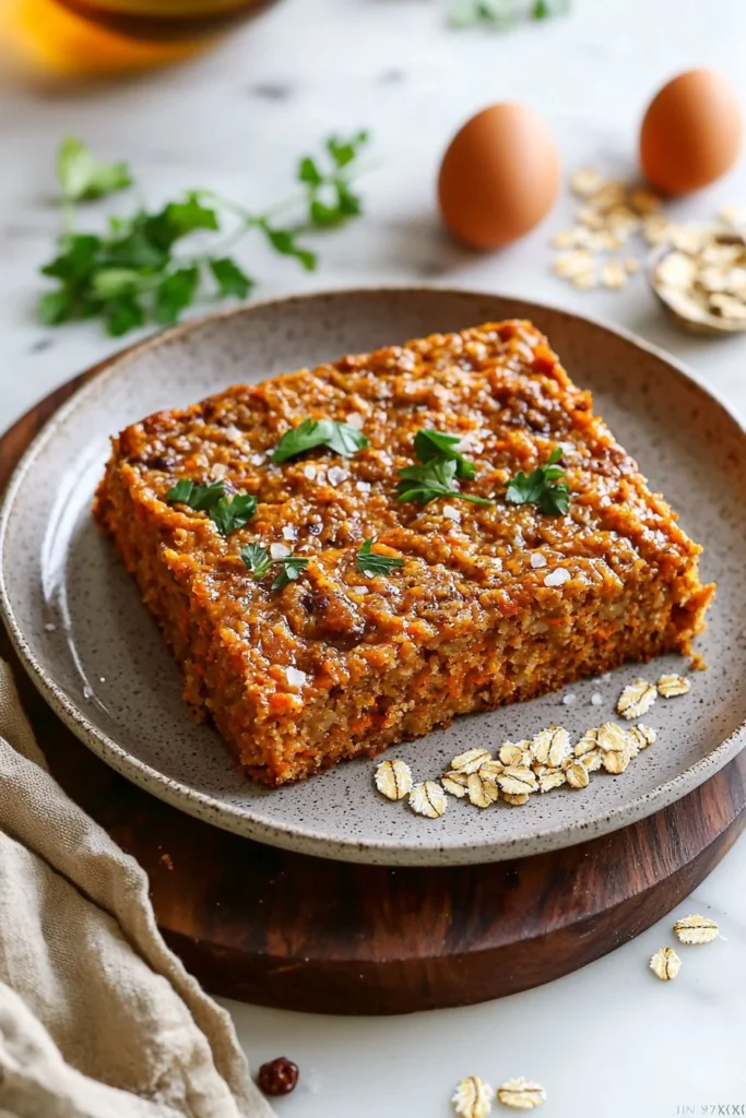 Delicious flourless oatmeal carrot cake topped with frosting and walnuts