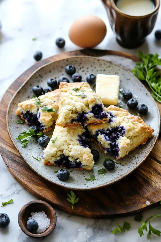 Fluffy blueberry scones freshly baked and topped with blueberries