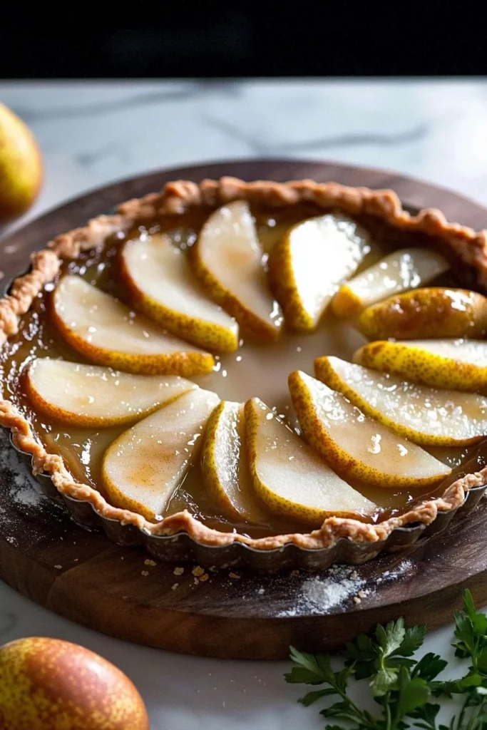 Delicious French Pear Tart topped with pear slices and served on a rustic wooden table.