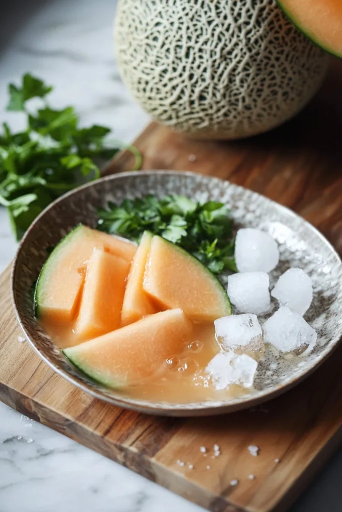 A glass of fresh cantaloupe juice with a slice of cantaloupe on the rim