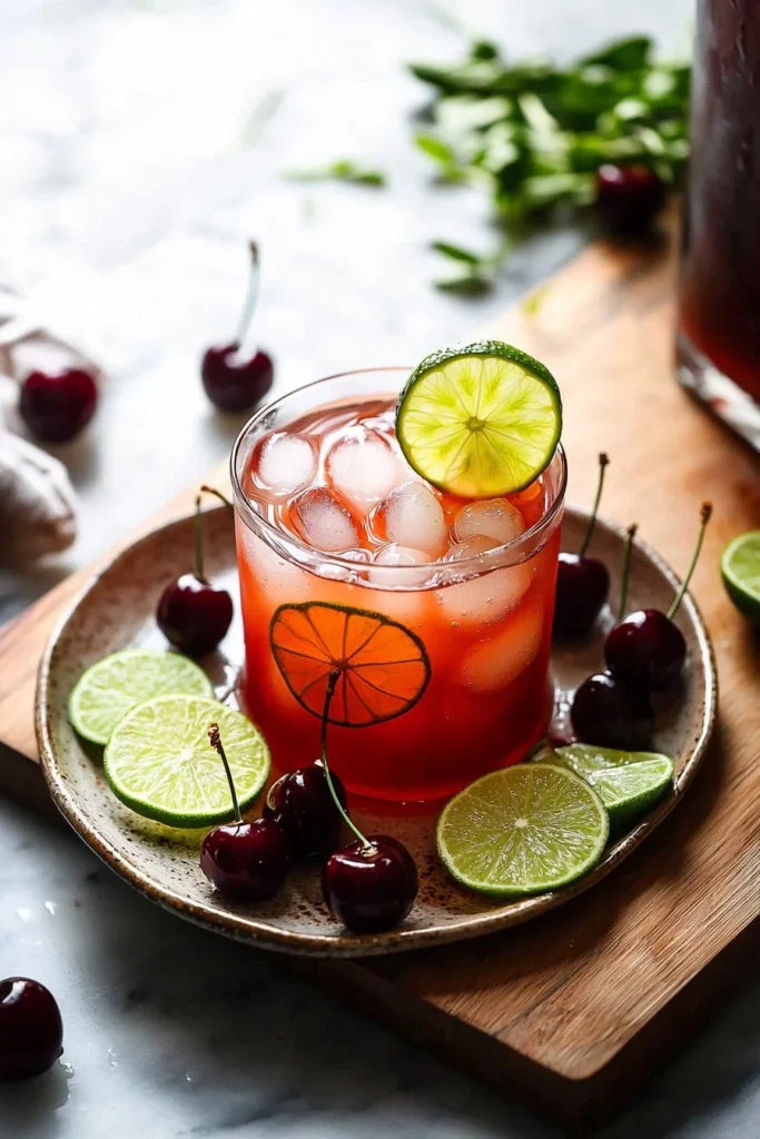 Freshly made cherry limeade in a glass with cherries and lime slices
