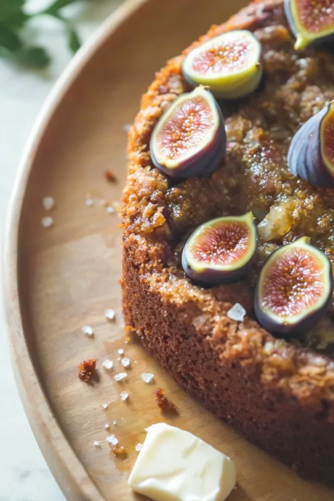 Delicious fresh fig cake topped with sliced figs and icing