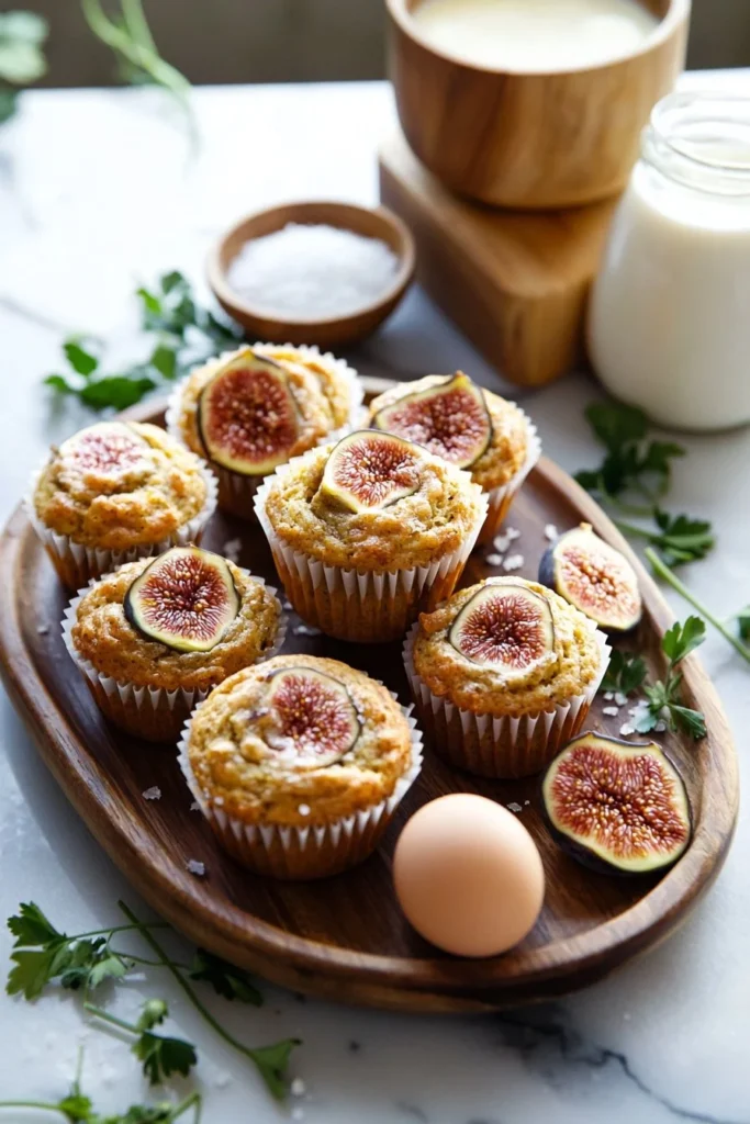 Freshly baked fig muffins with a golden brown top and sliced figs on display.