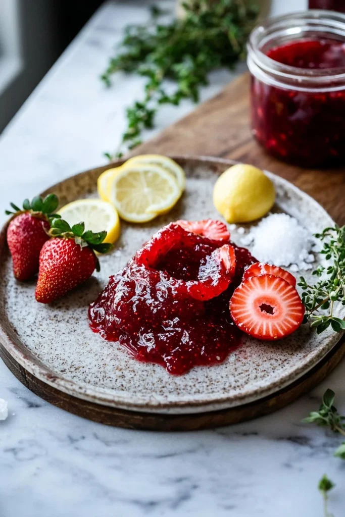 Fresh homemade strawberry jam in a jar with strawberries