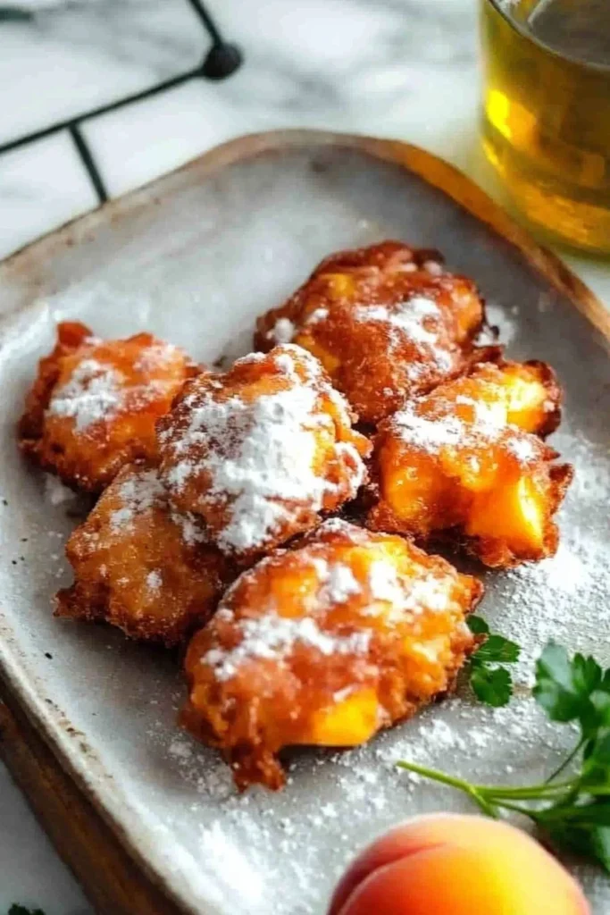 Delicious fresh peach fritters served with a dusting of powdered sugar