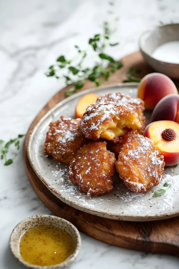 Delicious fresh peach fritters dusted with powdered sugar on a plate